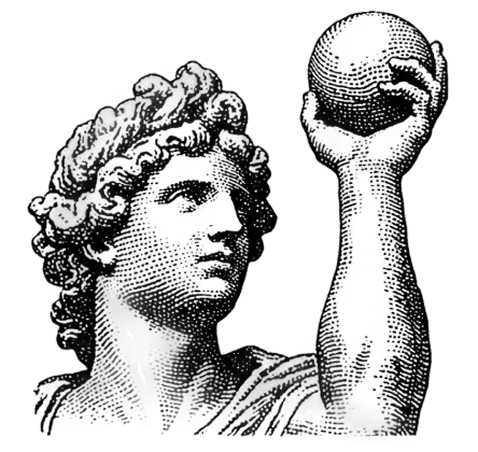 Black and white illustration of a classical statue head and upper arm holding a sphere aloft, reminiscent of ancient Greek art.