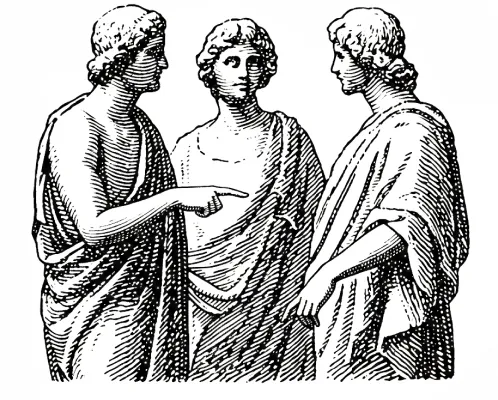 Black and white illustration of three ancient Greek or Roman men in robes, with one pointing toward another.