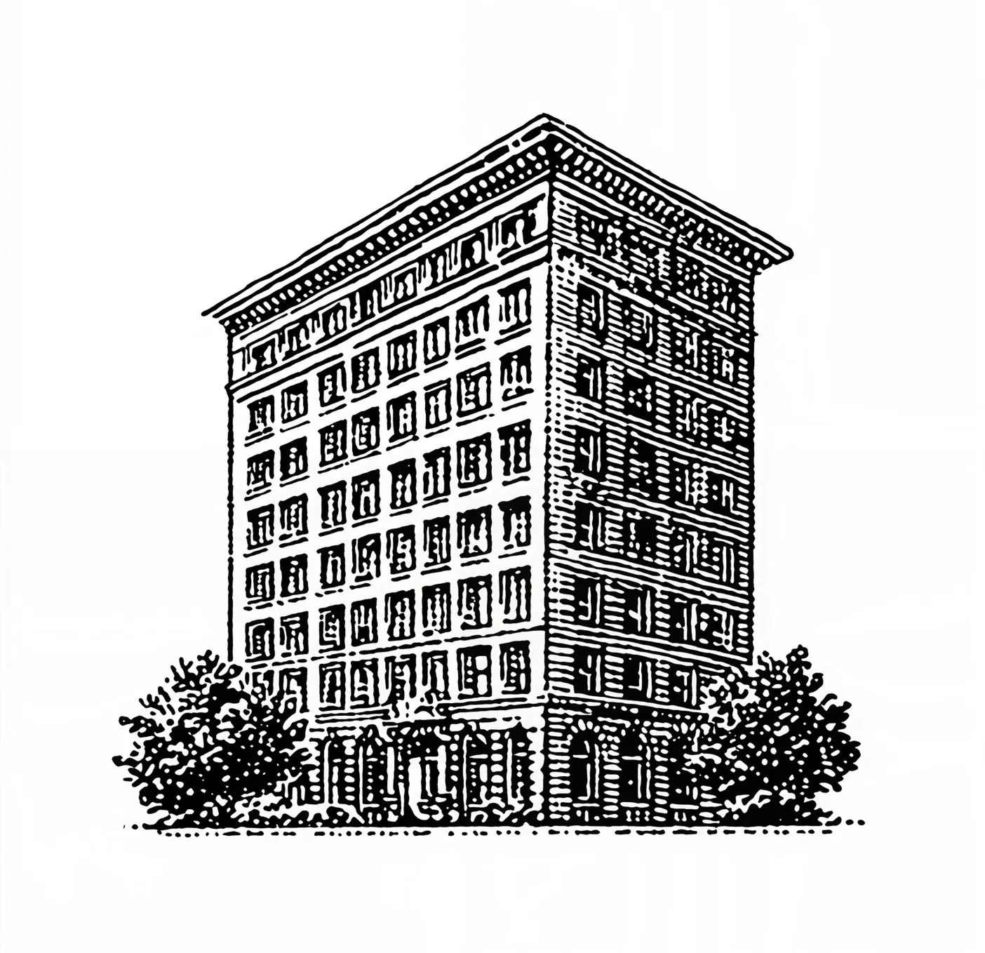 Black and white sketch of a multi-story building with many windows and two bushes on either side.