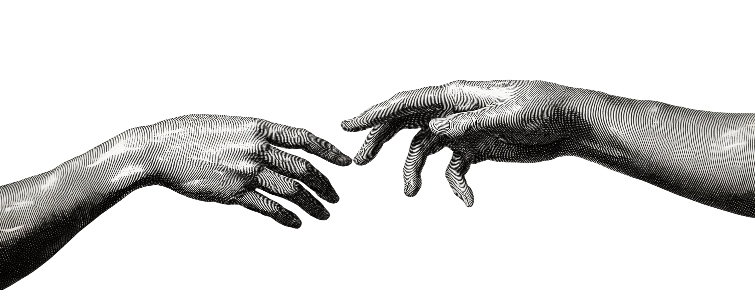 Engraved-style illustration of two hands reaching towards each other on a black background.