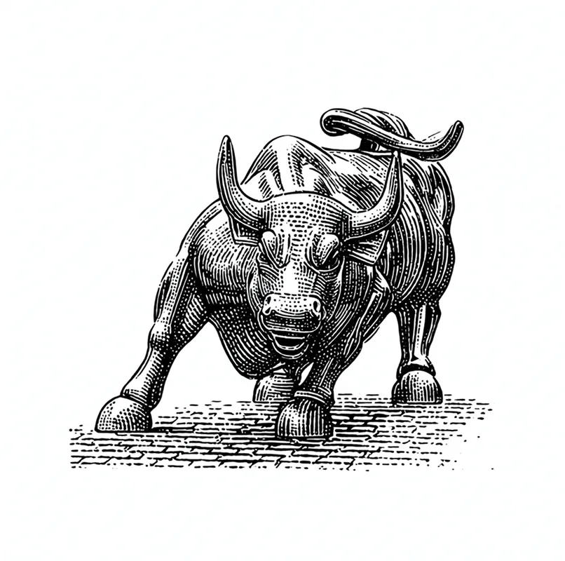 Engraving-style illustration of a charging bull on a cobblestone surface.