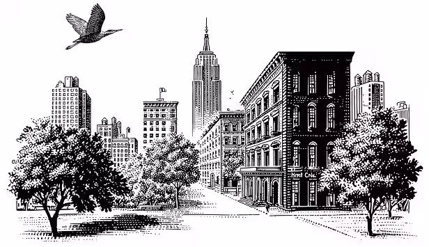 Black and white illustration of a city street with trees, buildings, a flying bird, and a tall skyscraper in the background.