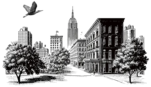 Black and white illustration of a city street with trees, buildings, a flying bird, and a tall skyscraper in the background.