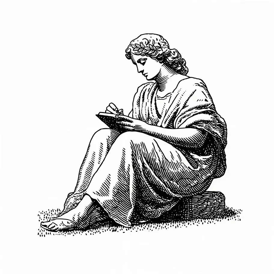 Black and white illustration of a seated classical figure in robe and laurel wreath writing on a tablet.