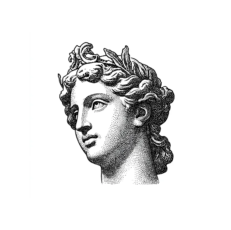 Detailed black and white engraving of a classical statue head with wavy hair and a laurel wreath.