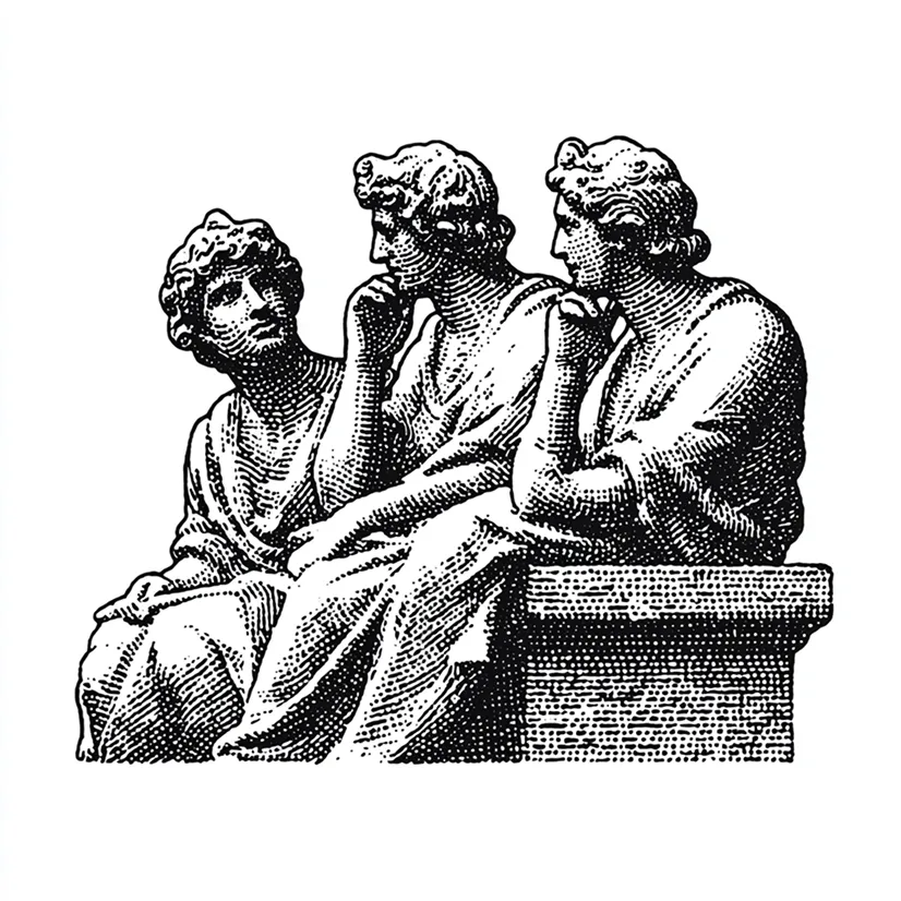 Black and white engraving of three classical figures seated and in conversation, dressed in draped garments.