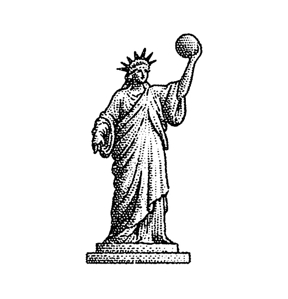 Black and white dotted illustration of the Statue of Liberty holding a ball in her right hand.