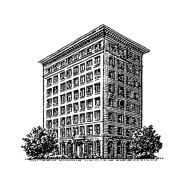 Detailed black and white illustration of a multi-story office building with trees on either side.