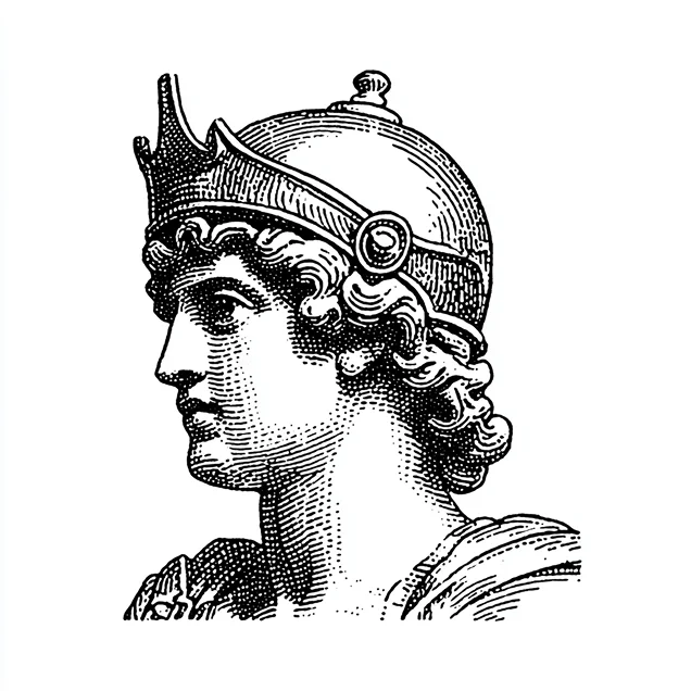 Black and white detailed illustration of a classical soldier wearing a helmet with a crown-like crest.