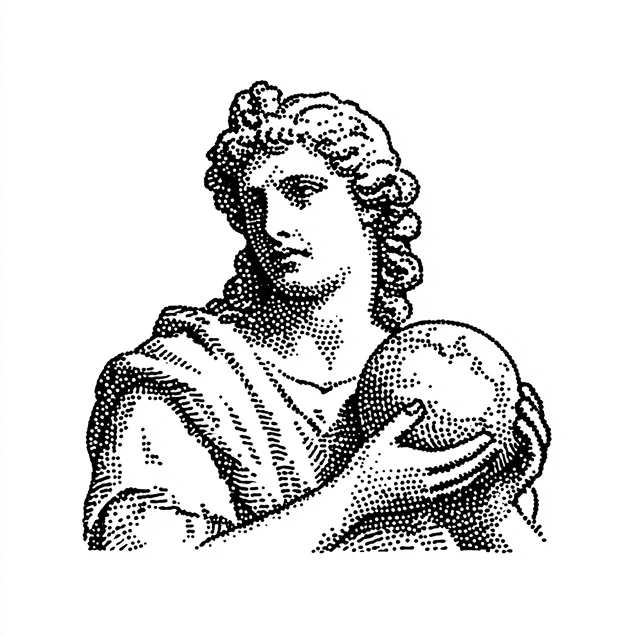 Black and white dotted illustration of a classical statue holding a globe.