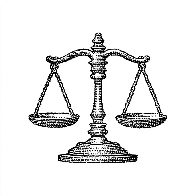 Black and white vintage illustration of a balanced weighing scale with two hanging pans.