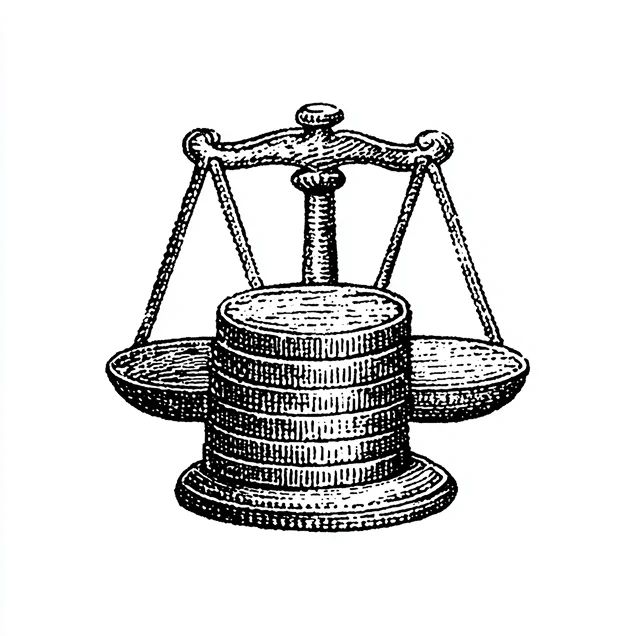 Vintage illustration of a balance scale with a stack of coins on one side and an empty plate on the other.