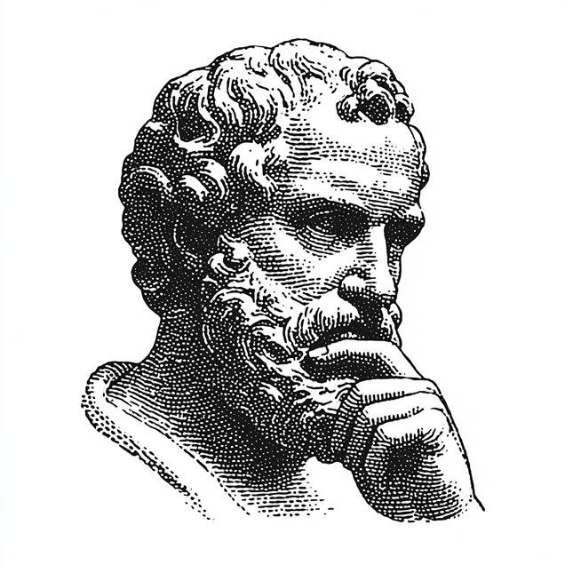 Black and white engraving of a bearded man in deep thought with his hand on his chin.