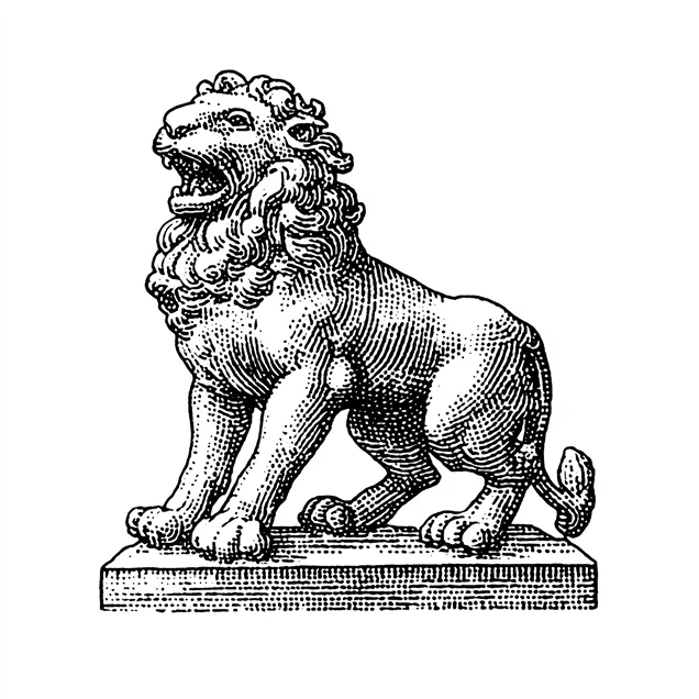 Black and white engraving of a lion statue with a detailed mane standing on a rectangular base.