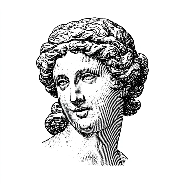 Detailed black and white engraving of a classical female bust with wavy hair and a calm expression.