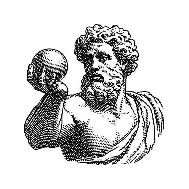 Black and white detailed illustration of a bearded man with curly hair holding a sphere in his right hand.