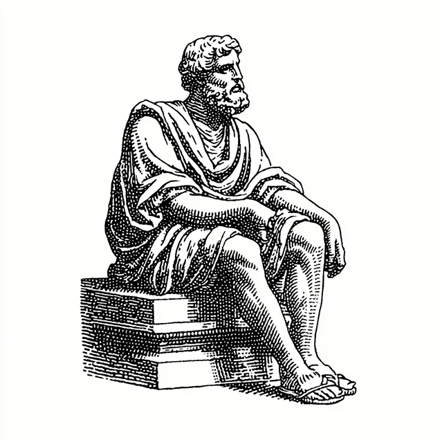 Illustration of an ancient philosopher with a beard, sitting on a stack of large books, wearing a robe and sandals.