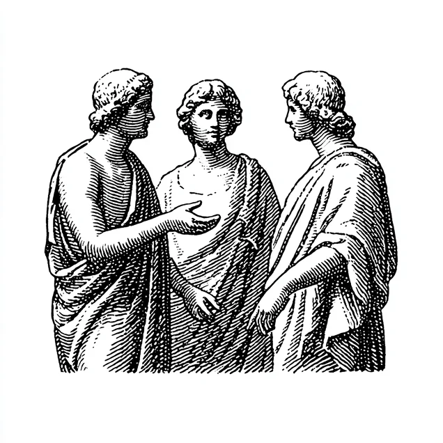 Black and white sketch of three classical figures in ancient Greek or Roman style robes engaged in conversation.