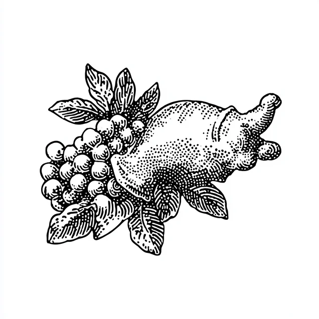 Black and white vintage illustration of a cluster of grapes and a radish with leaves.