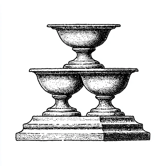 Black and white vintage illustration of a three-tiered pedestal or fountain with wide bowls on each level.