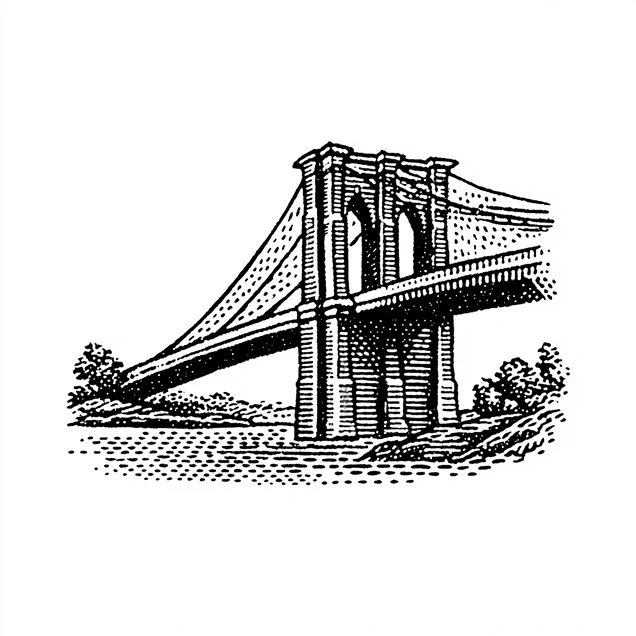 Black and white illustration of a suspension bridge over a river with trees on the riverbank.