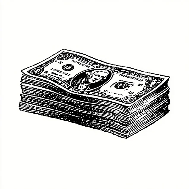Black and white illustration of a stack of U.S. one-dollar bills.