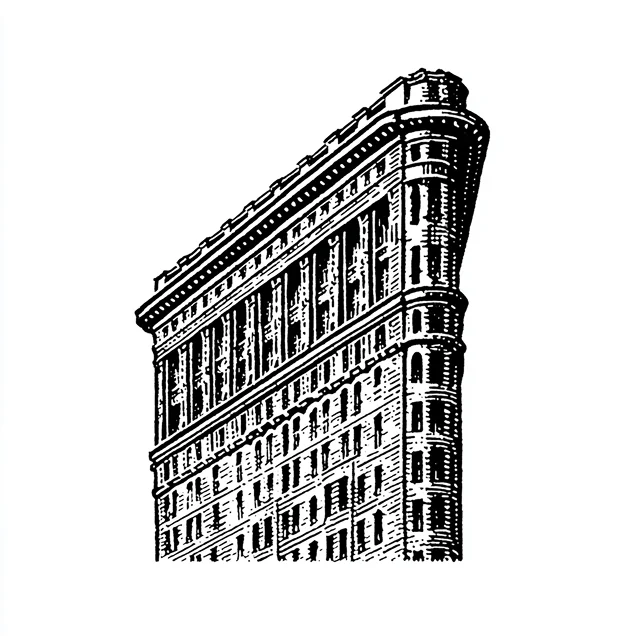 Black and white sketch of the Flatiron Building with its distinctive triangular shape.