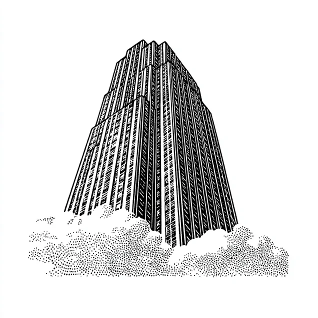 Black and white illustration of a tall skyscraper seen from below with clouds at its base.