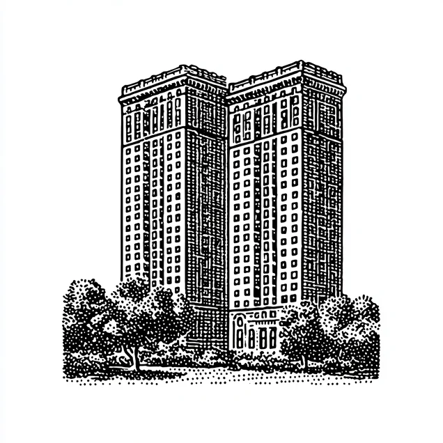 Black and white sketch of two tall, rectangular buildings with many windows surrounded by trees.