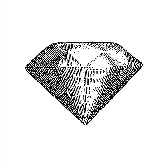Black and white vintage-style illustration of a faceted diamond.