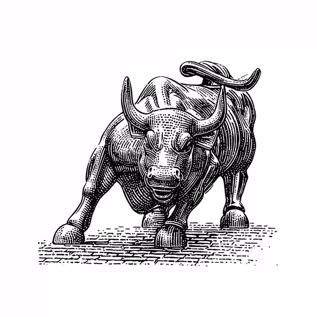 Black and white engraving-style illustration of a bull charging forward on a cobblestone surface.