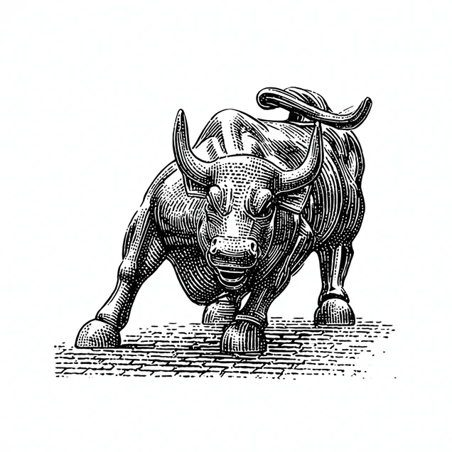 Black and white engraving-style illustration of a bull charging forward on a cobblestone surface.