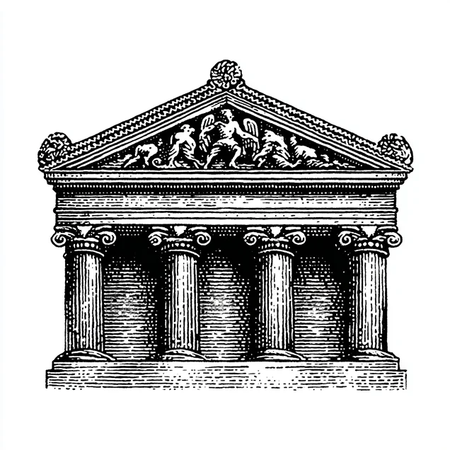 Black and white illustration of a classical Greek temple with five columns and decorative frieze.