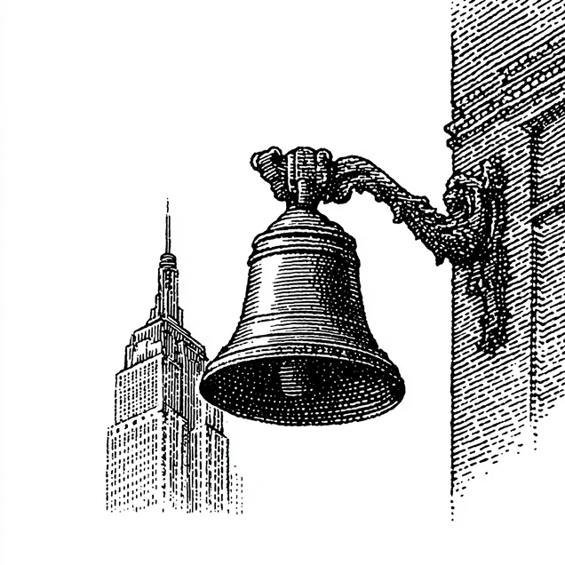 Black and white sketch of a large bell mounted on a building with a skyscraper in the background.