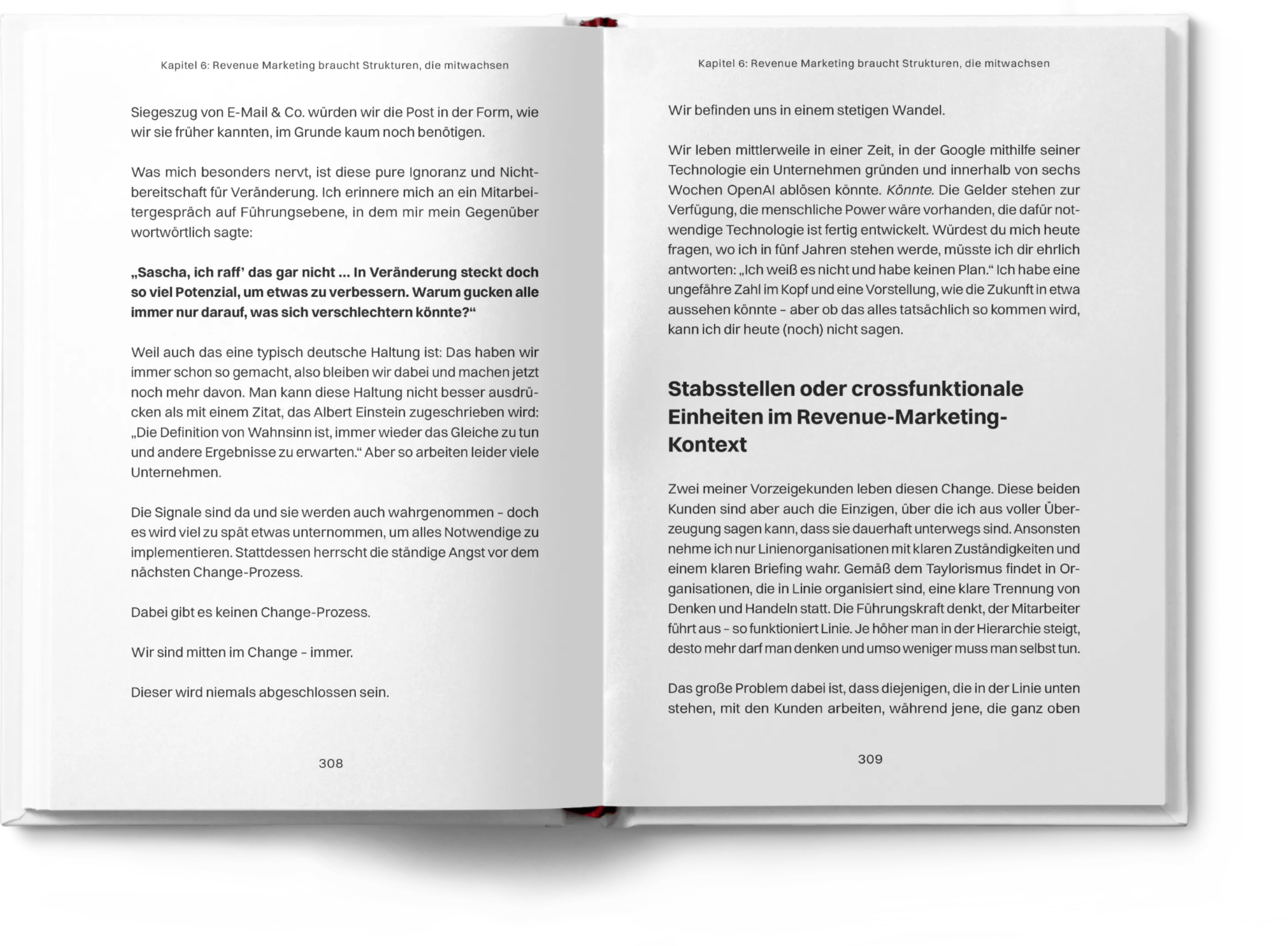 Aufgeschlagenes Buch, Auszug aus einem Kapitel, aus dem Buch Think Marketing Revenue