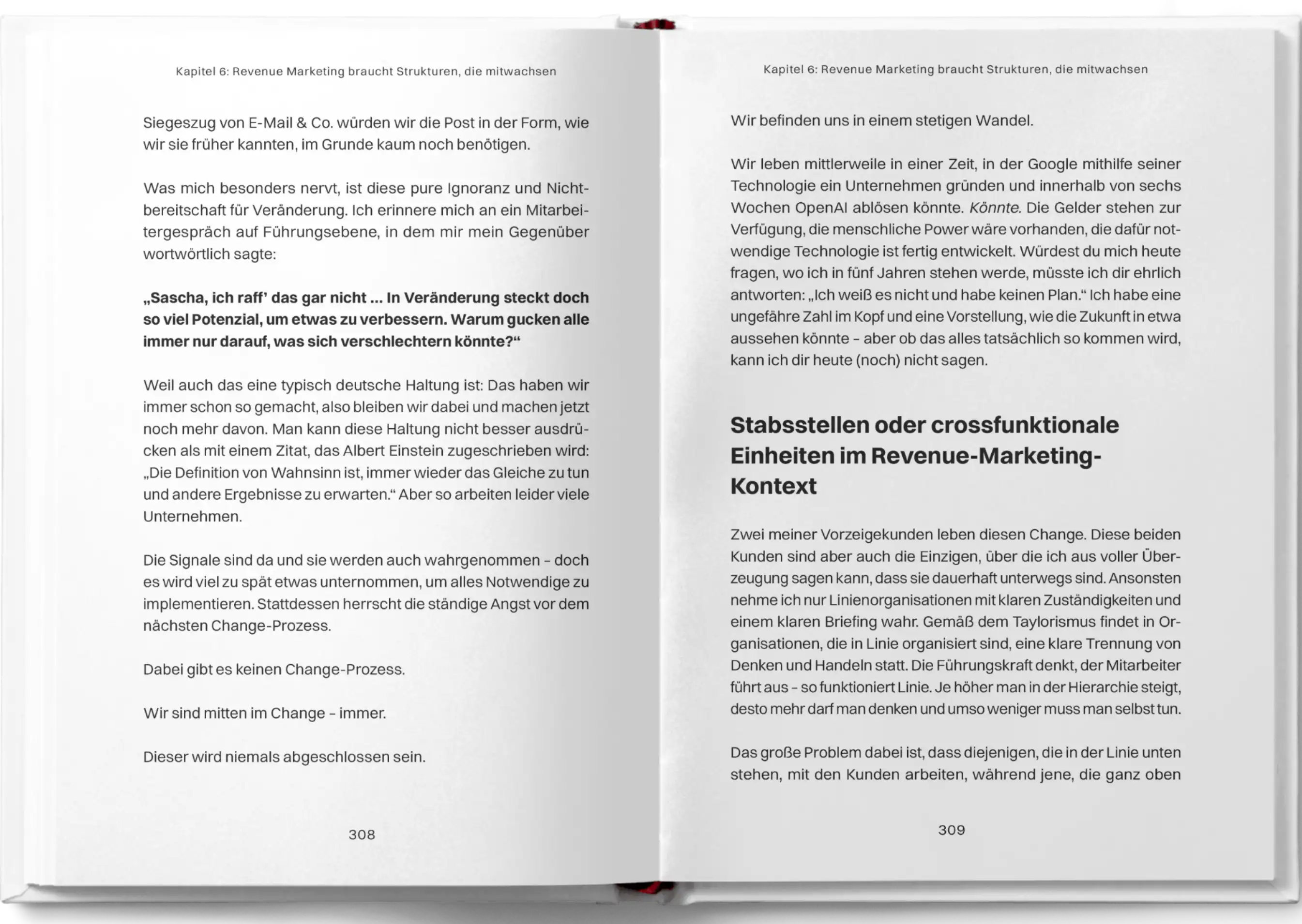 Aufgeschlagenes Buch, Auszug aus einem Kapitel, aus dem Buch Think Marketing Revenue