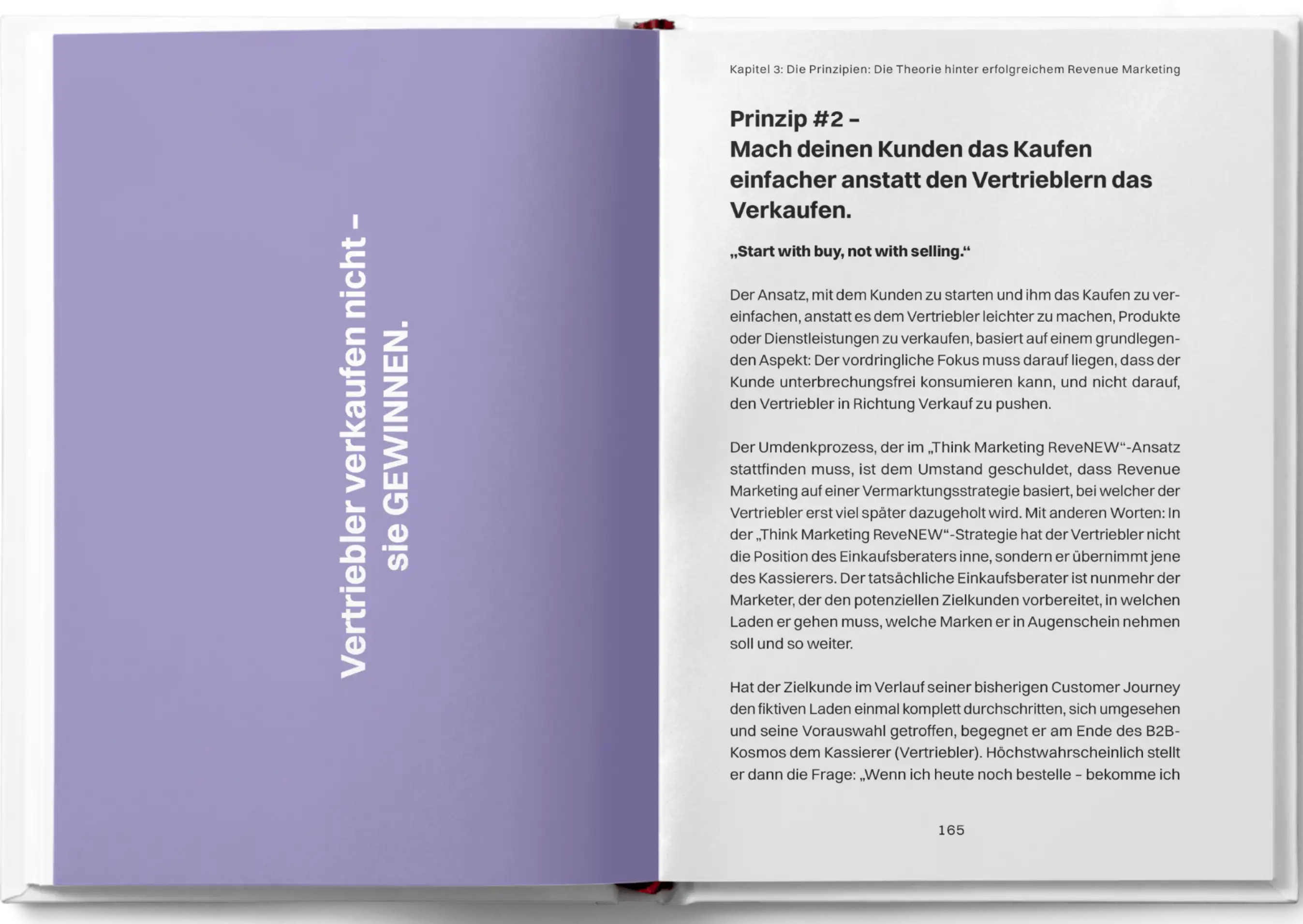 Aufgeschlagenes Buch, Auszug aus einem Kapitel, aus dem Buch Think Marketing Revenue