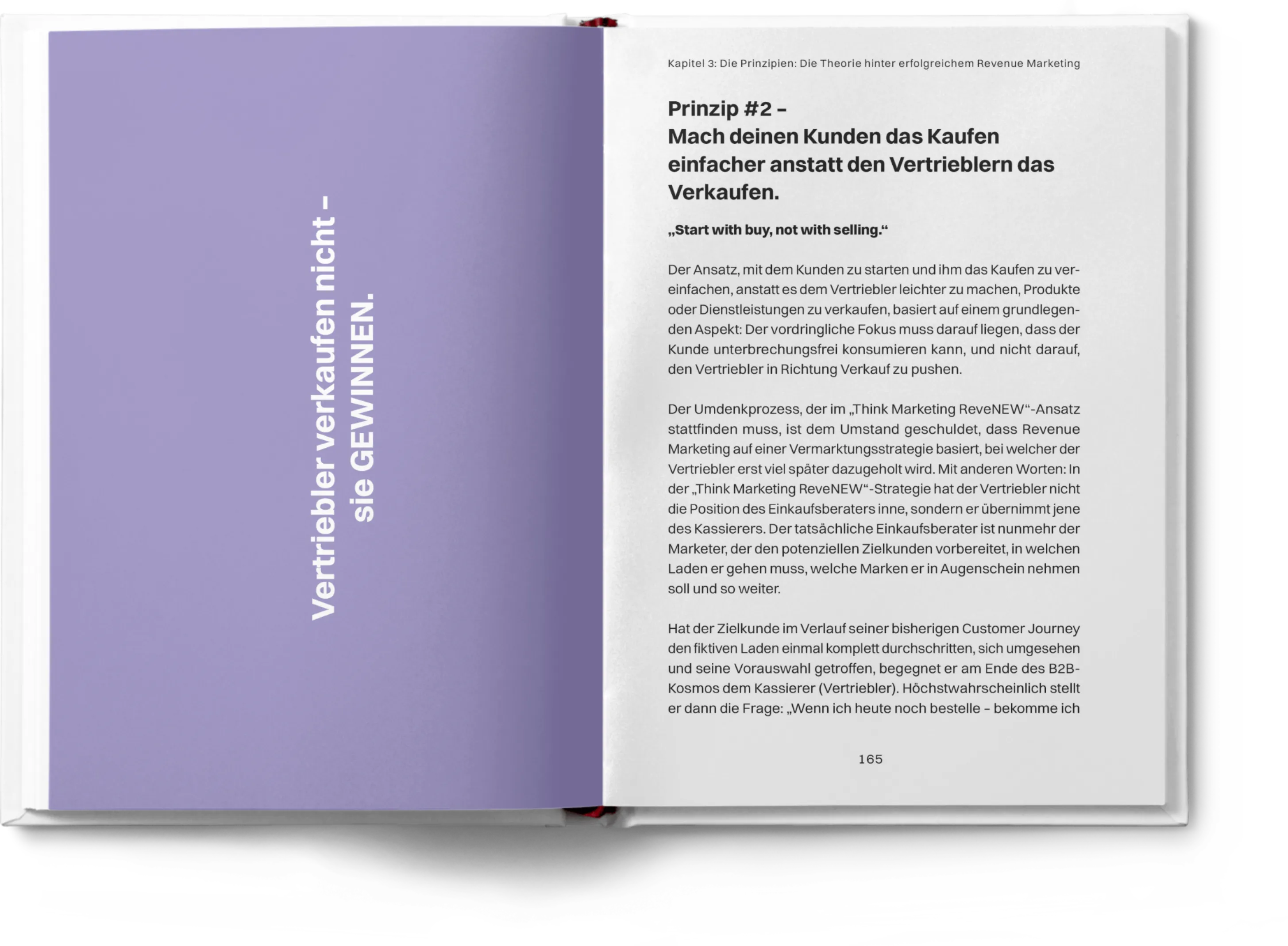 Aufgeschlagenes Buch, Auszug aus einem Kapitel, aus dem Buch Think Marketing Revenue