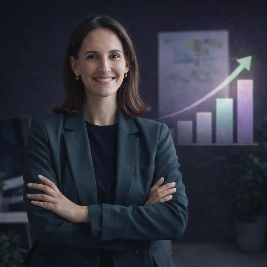 Selbstbewusste Geschäftsfrau in Business-Kleidung steht mit verschränkten Armen im Büro vor einem Balkendiagramm mit Aufwärtstrend im Hintergrund.