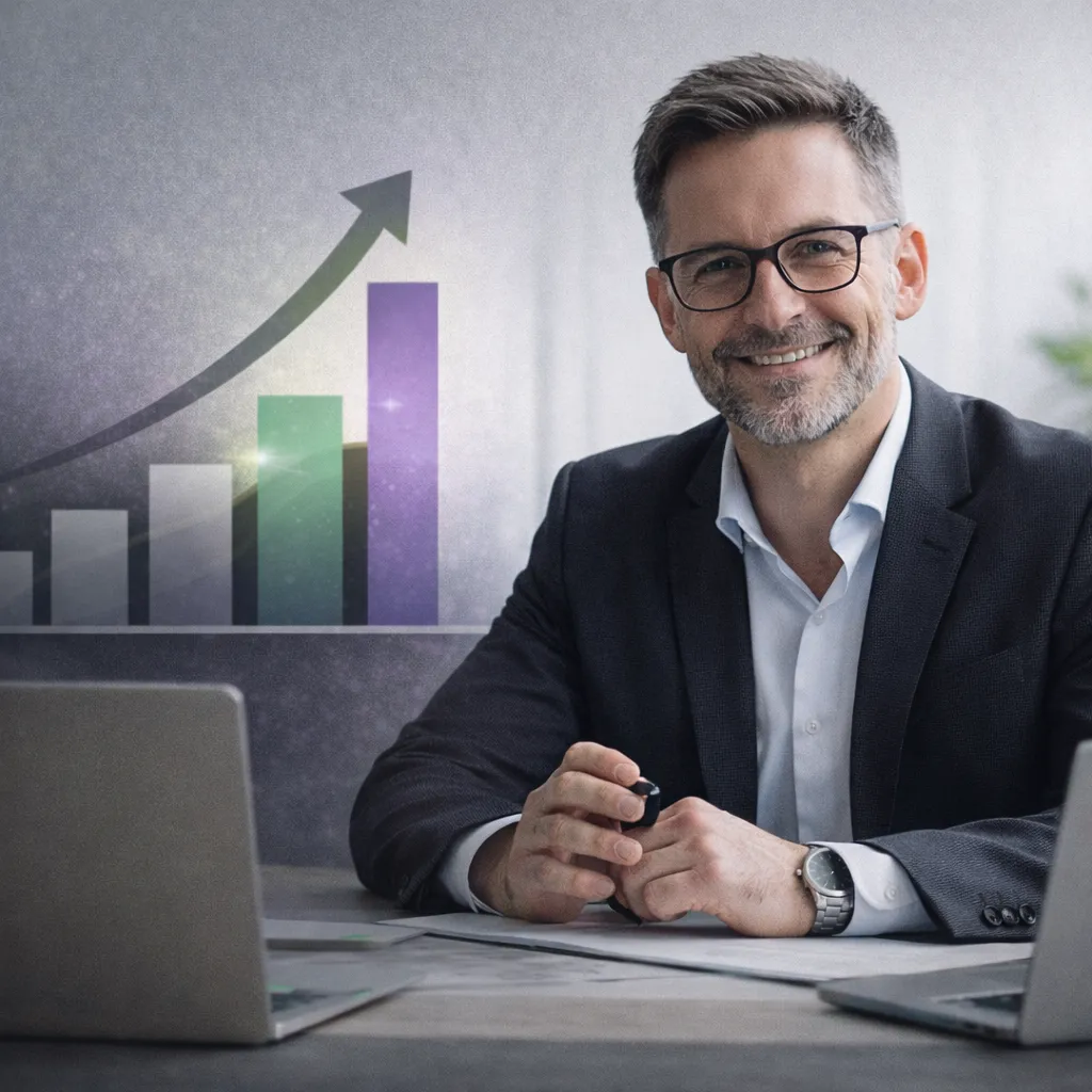 Lächelnder Geschäftsmann mit Brille und Anzug, der an einem Schreibtisch mit zwei Laptops sitzt, im Hintergrund eine steigende Balkendiagrammgrafik.
