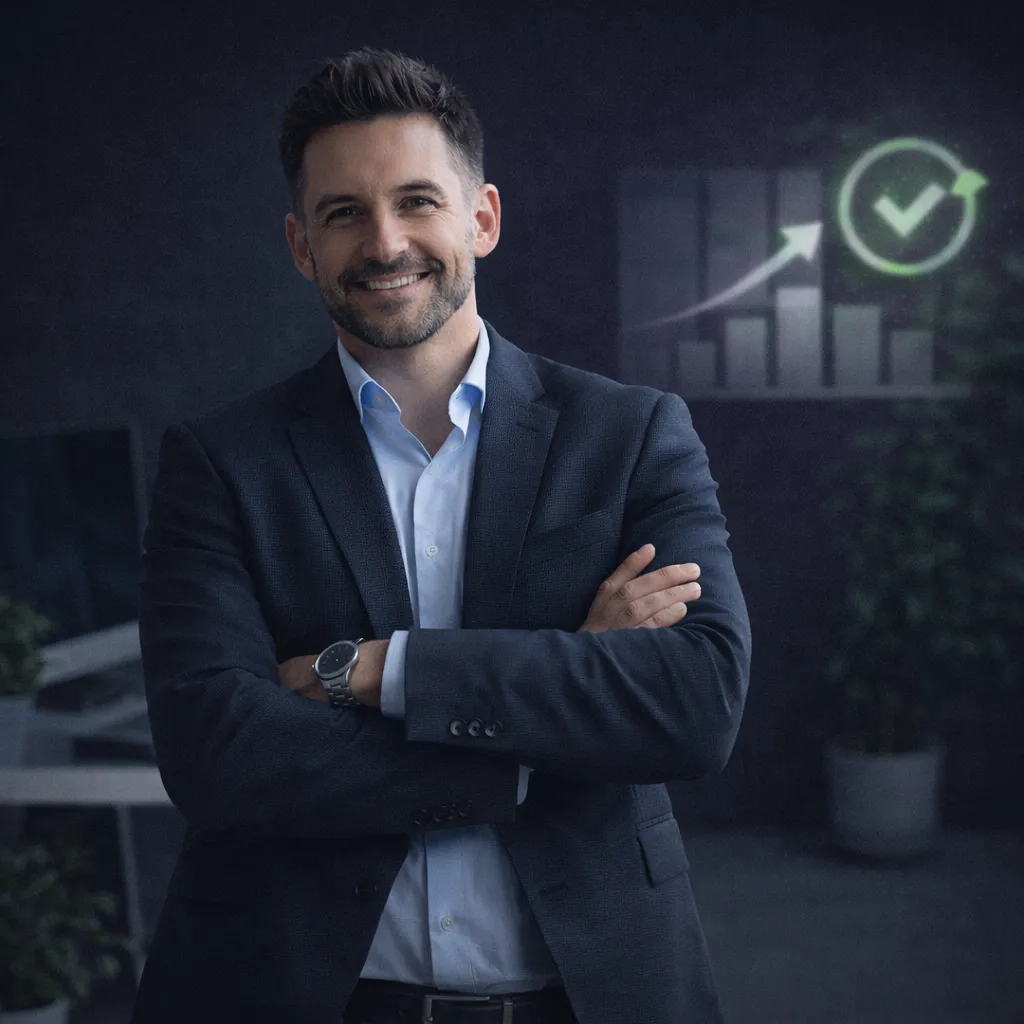 Lächelnder Mann in einem dunklen Anzug mit verschränkten Armen, stehend in einem Büro mit einem steigenden Balkendiagramm und einer Häkchengrafik im Hintergrund.