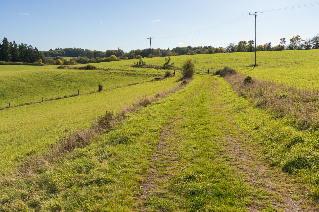 Grassy dirt path winding through rolling green fields under a clear blue sky with scattered trees and power lines.