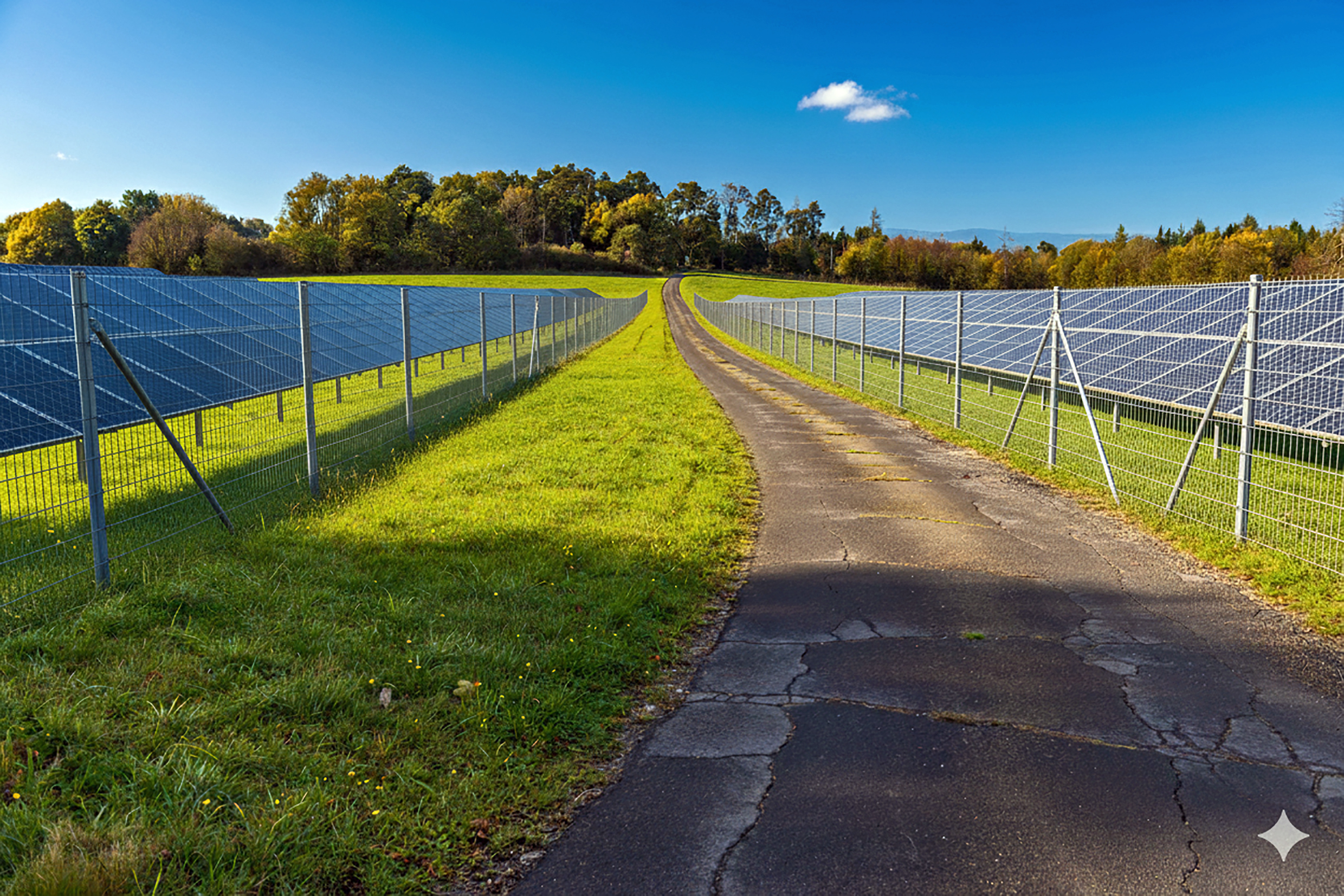 Narrow paved road runs between fenced solar panel arrays on green grass under a blue sky with a single cloud.