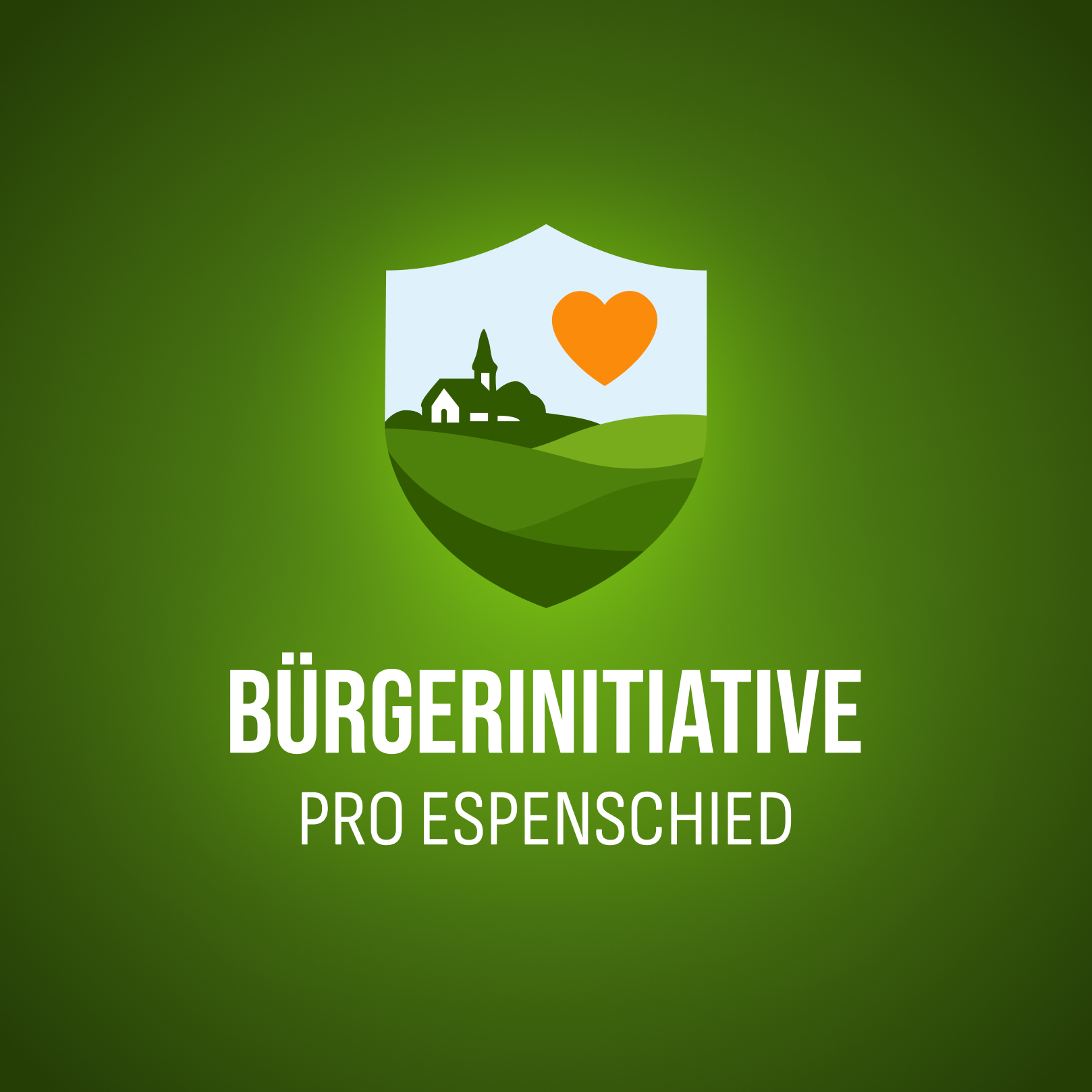 Green shield logo with a white church on hills and an orange heart above, with text Bürgerinitiative Pro Espenschied.