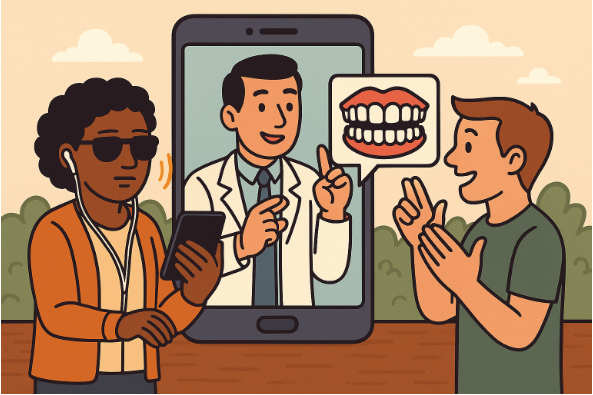 dentist on a phone screen giving oral health tips to visually and hearing-impaired patients
