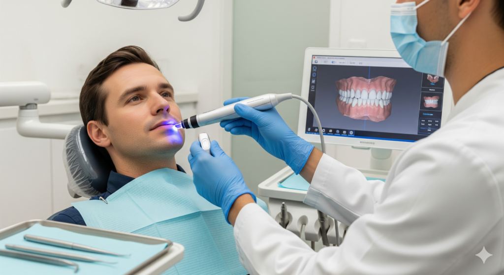Dentist using intraoral scanner on patient for digital impressions.