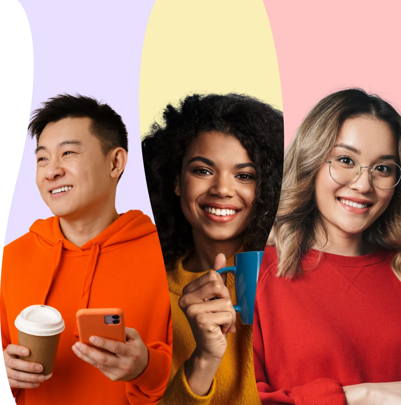 Three smiling people in colorful sweaters holding coffee cups and a smartphone against pastel backgrounds.