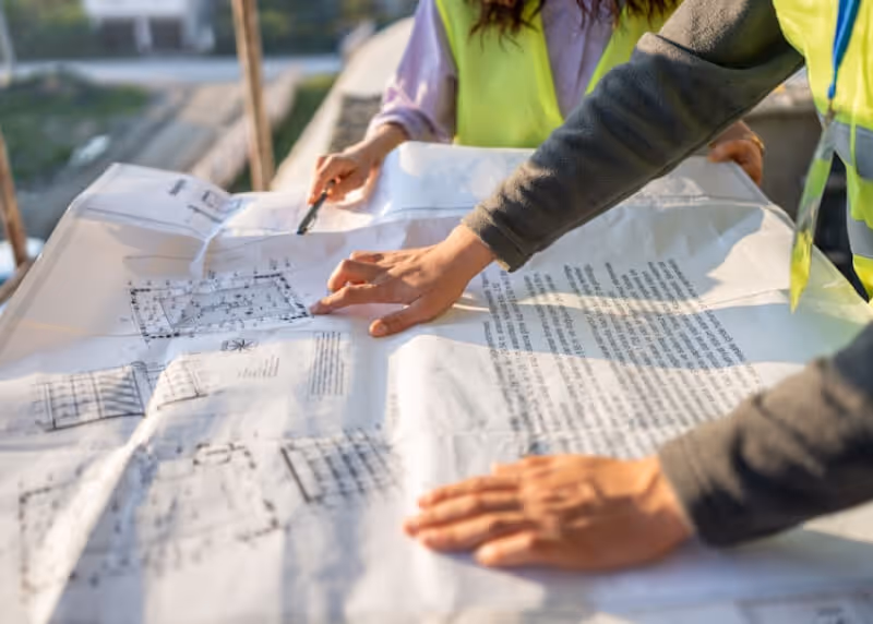 Deux personnes en gilets de sécurité examinant des plans architecturaux détaillés sur un grand papier.