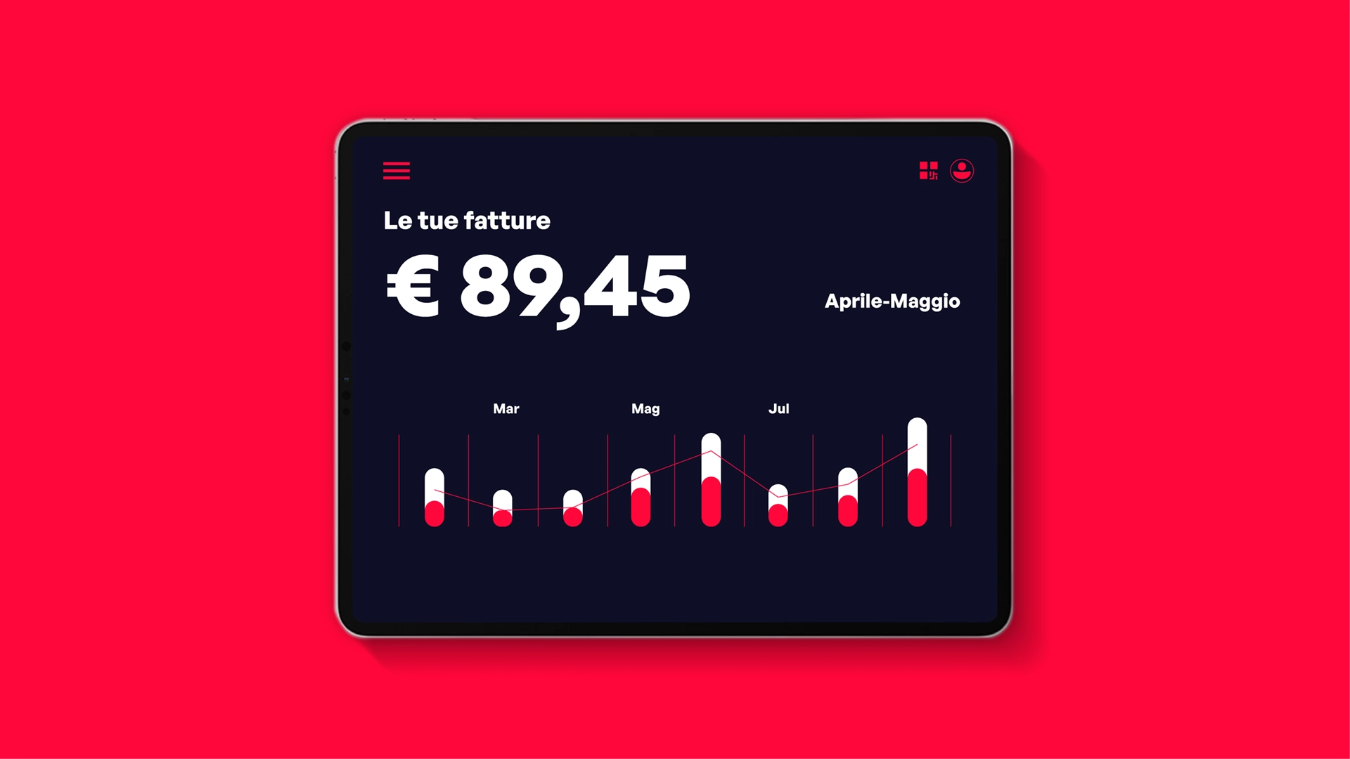 Interfaccia digitale per Campidonico Energy: mockup di app su fondo rosso che mostra il dettaglio della bolletta, pensata per rendere i consumi più chiari e comprensibili ai clienti, design Digistart.