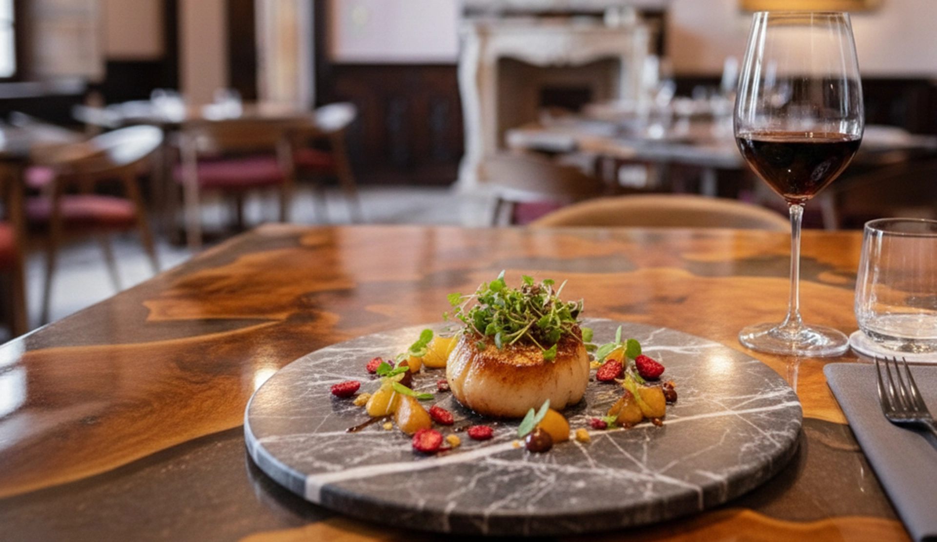 Dettaglio di un tavolo apparecchiato da Nevia – Cucina e Miscelazione, con calice di vino in primo piano e sala del ristorante sfocata sullo sfondo, fotografia d’ambiente Digistart.